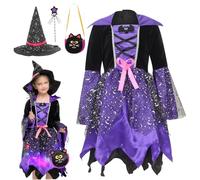 4 Piece Toddler Witch Halloween Costume Set for Girls Size M in Purple | Magical Witch Design, Accessory Set, Kid-Sized Fit (110-120cm), Great for Halloween & Events