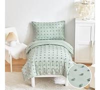 4 Piece Tufted Dots Toddler Bedding Set Solid Green Jacquard Pom Pom Tufts, Soft and Embroidery Shabby Chic Boho Design for Baby Boys Girls, Includes Comforter, Flat Sheet, Fitted Sheet and Pillowcase