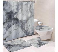 4-Piece Waterproof Shower Curtain Set with Rugs, Toilet Lid Cover & Bath Mat - Modern Marble Design, Heavy-Duty Washable Thick Fabric Shower Curtain with 12 Plastic Hooks, 180x180cm (Z74)
