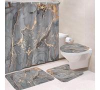 4-Piece Waterproof Shower Curtain Set with Rugs, Toilet Lid Cover & Bath Mat - Modern Marble Design, Heavy-Duty Washable Thick Fabric Shower Curtain with 12 Plastic Hooks, 180x180cm (Z120)
