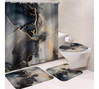 4-Piece Waterproof Shower Curtain Set with Rugs, Toilet Lid Cover & Bath Mat - Modern Marble Design, Heavy-Duty Washable Thick Fabric Shower Curtain with 12 Plastic Hooks, 180x180cm (Z72)