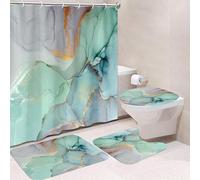 4-Piece Waterproof Shower Curtain Set with Rugs, Toilet Lid Cover & Bath Mat - Modern Marble Design, Heavy-Duty Washable Thick Fabric Shower Curtain with 12 Plastic Hooks, 180x180cm (Z71)