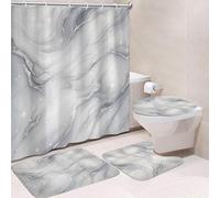 4-Piece Waterproof Shower Curtain Set with Rugs, Toilet Lid Cover & Bath Mat - Modern Marble Design, Heavy-Duty Washable Thick Fabric Shower Curtain with 12 Plastic Hooks, 180x180cm (Z102)