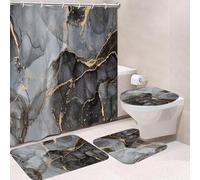 4-Piece Waterproof Shower Curtain Set with Rugs, Toilet Lid Cover & Bath Mat - Modern Marble Design, Heavy-Duty Washable Thick Fabric Shower Curtain with 12 Plastic Hooks, 180x180cm (Z119)