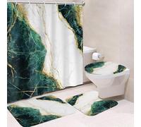 4-Piece Waterproof Shower Curtain Set with Rugs, Toilet Lid Cover & Bath Mat - Modern Marble Design, Heavy-Duty Washable Thick Fabric Shower Curtain with 12 Plastic Hooks, 180x180cm (Z117)