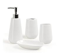 4 Piece White and Gray Stripe Bathroom Soap Dispenser Set Farmhouse Bathroom Counter Decor Set Accessories, Soap Dispenser and Toothbrush Holder, White, One Size