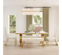 4-Piece White & Gold Dining Chair Set with Bench Includes 2 Leather Channel Back Chairs & 2 Ottomans Stylish Seating for 6 Elegant Dining Room Furniture