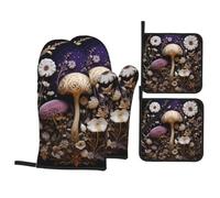 4-Piece White Mushrooms and Flowers Printed Kitchen Oven Mitts, High Temperature Resistant, Ideal for Cooking, Baking, Grilling