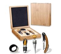 4 Piece Wine Opener Set - Waiter's Mate Including Corkscrew & Foil Cutter, Wine Stopper & Pourer + Velvet Lined Bottle Collar in Exquisite Bamboo Gift Box, Wine Gift Set