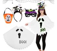 4-Piece Women's Halloween Costume, Ghost Cape Costumes with Headband, Candy Bag Glasses, Costume Women, Glow in the Dark Carnival Costumes, Ghost Cape for Halloween, Carnival, Women, Cosplay Party