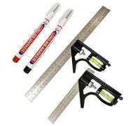 4-piece woodworking set, 150mm and 300mm adjustable combination square tool, with level and marking needle, two deep-hole markers, 45/90-degree multi-angle ruler for precise measurement.