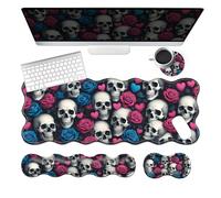 4-Piece XXL Gaming Mouse Pad Set (31.5"x11.8") with Keyboard Wrist Rest,Mouse Wrist Support & Coaster,Ergonomic Non-Slip Desk Mat for Office & Home,Skeleton Skulls Flower