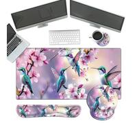 4-Piece XXL Gaming Mouse Pad Set (31.5"x15.7") with Keyboard Wrist Rest,Mouse Pad with Wrist Support & Coaster,Ergonomic Non-Slip Desk Mat for Office & Home,Hummingbirds Flowers