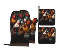 4-PieceRooster Family Portfolio Printed Oven Mitts and Potholders,High Temperature Resistant Kitchen Essentials