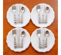 4 Pieces 1:12 Scale Miniature Dollhouse Plates and 12 Pieces Spoons Knives Forks Metal Tableware Kitchen Accessories Miniatures Porcelain Plate Set Dollhouse Decoration