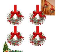 4 Pieces 11.8" Mini Christmas Wreaths for Kitchen Cabinet - Small Christmas Candle Rings Wreaths Pillars Candle Rings Table Centerpieces Hanging Garlands for Wall Window Mantel Staircase Decor (Red)