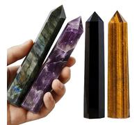 4 Pieces 15cm Natural Crystals Tower Figurines Polished Rose Quartz Amethyst Hexagonal Dot Wand Obelisk Statue for Aquarium Decorative Stones Gifts Home Decoration (15cm/4)