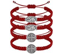 4 Pieces 2 Styles Catholic Virgen De Guadalupe Bracelet Medalla De San Benito Bracelet Handmade Adjustable Religious Protection Bracelet for Women Men, One Size, Leather, alloy