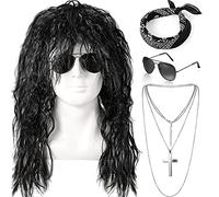 4 Pieces 80s Rocker Costume Men Accessories,Rocker Wig Set Long Curly Wig Black Bandana Headband Retro Sunglasses Cross Necklace for Halloween 80s Punk Retro Party