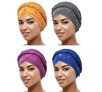 4 Pieces African Women Turban Cap Beaded Headscarf Beanie Twisted Braid Wrap Hat Faux Pearl Headwrap (Grey, Turmeric, Light Purple, Royal Blue)