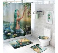 4 Pieces Anti Slip Bathroom Rugs Set Pedestal Rug + Lid Toilet Cover + Bath Mat + Waterproof Shower Curtain, Morbuy Home Decor - Marine Animal (Mermaid B)