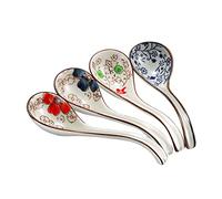 4 Pieces Asian Retro Ceramic Rice Spoons Curved Handle Ramen Soup Spoon Painted Flower Spoons with Long Handle