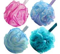 4 Pieces Bath Loofah Sponges, Shower Puff 75g/PC Large Mesh Shower Pouf Set, Luxury Mesh Pouf Bath Sponges Exfoliating Body Scrubbers with Lanyard