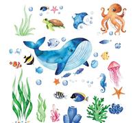 4 Pieces Bathroom Wall Stickers Under The Sea Wall Stickeres, Underwater Ocean Decals Stick Wall Sticker for Bedrooms Wall Sticker Sea Grass Turtle Seahorse Starfish Wall Stickers