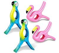 4 Pieces Beach Towel Clip Jumbo Size Chair Clips Towel Holder Clothes Pegs Christmas Stocking Clamp for Cruise Patio Pool Holiday Vacations(Parrot, Flamingo,Blue, Pink)