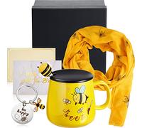 4 Pieces Bee Themed Gift Set for Women Including Ceramic Bee Mug Tea Cup with Cover and Spoon Silk Bees Scarf Wraps Shawl Women Keychain Bee Keyring with Box and Gift Card Present for Bee Lover