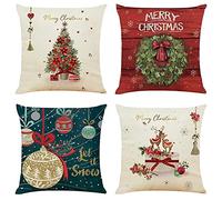 4 Pieces Black Green White Christmas Tree Cushion Covers 35x35cm,Velvet Decorative Cushions Cover Square Sofa Throw Pillow Covers with Invisible Zipper Pillowcase for Home Xmas Decor 14x14 inches