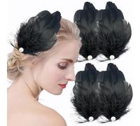 4 Pieces Black White Feather Hair Clip Accessories for Women,Swan Ostrich Feather Pearl Ballet Style Hair Pins for Bride,Wedding,Halloween,Christmas, Stage Performance Headpiece (Black)