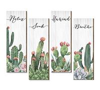 4 Pieces Cactus Sign Bathroom Wall Decor Relax Soak Unwind Breathe Bathroom Words Cactus Wall Decor Wooden Hanging Wall Art Decor for Farmhouse Bathroom Spa Washroom Home Accent, 11 x 3.5 Inch