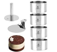 4 Pieces Cake Ring Mould, Seamless Stainless Steel Cake Cutter for Baking, 4 Inch Cooking Ring with Food Press & Spatula, Dessert Moulds Baking Tool, Includes 1 Food Press, 1 Spatula and 4 Rings