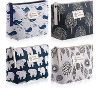 4 Pieces Canvas Cosmetic Bags Set Printed Makeup Bags with Zipper Multi-Functional Canvas Travel Pouch for Women Girls Vacation Travel Toiletry Bag, 4 Styles (Whale, Bear, Tree, Leave, Small)