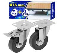 4 Pieces Castor Wheels for Furniture Ø 75 mm with a Load Capacity of 55 Kg - 2 With Brake and 2 Without Brake - Furniture Wheels Made of Steel and Rubber in Grey Colour - Warranty 10 Years - MONTERAL