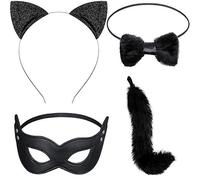 4 Pieces Cat Costume Set, Long Fur Cat Tail Cosplay Set Halloween Fancy Dress Costume Set, Cat Ears Headband Cat Tail, Cat Bow, Harlequin Mask for Valentine's Day Dress up Halloween Costume Party