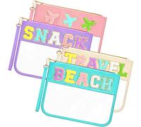 4 Pieces Chenille Letter Clear Zipper Pouches Monogram Cosmetic Bag Makeup Pouch with Zipper and Tote Portable Travel Pouch Nylon PVC Clear Pouch for Women Toiletry Snack (Pink, Beige, Purple, Blue)