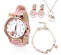 4 Pieces Children Watches Girls Age 5-16, Kids Cat Watch Cartoon Quartz Leather Watches Beaded Charm Chain Bracelets Cute Necklace Kids Cartoon Cat Ear Clip for Birthday Gift