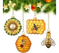 4 Pieces Christmas Bee Ornaments Vintage Bee Hive Sunflower Glass Christmas Tree Ornaments Xmas Decor Christmas Bee Themed Gifts for Bee Keepers Bee Lovers