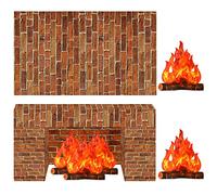 4 Pieces Christmas Dark Red Brick Wall Party Backdrop Plastic Brick Wallpaper Artificial Fire Flame Cardboard 3D Campfire Fake Centerpiece and Dark Red Brick Tablecloth for Holiday Party Background