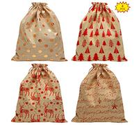 4 Pieces Christmas Drawstring Gift Bag, 30x40cm Linen Wrapping Bags Reusable Goodie Bags Medium Christmas Sack for Kids Xmas Holiday Party Favor