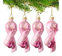 4 Pieces Christmas Pink Ribbon Glass Blown Ornament Hope Ribbon Ornament Butterfly Gloves Pink Christmas Ornaments Breast Cancer Awareness Decor Breast Cancer Ornaments for Party Decoration