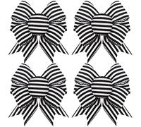 4 Pieces Christmas Stripe Wreath Bow Black and White Burlap Stripe Bow Gingham Craft Bows Tree Decorative Bow Decor for Crafts Xmas Party Home Birthday Decoration