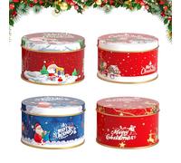4 Pieces Christmas Tinplate Cookie Tins Santa Claus Elk Square Empty Tins Boxes with Lids Biscui Candy Jar Candle Making Containers for DIY Candles Candy Tea Spices Xmas Party Gifts (Round)