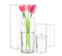 4 Pieces Clear Glass Flowers Vase, Cylinder Vases, Hurricane Candle Holder 5.5x10cm+6.5x15cm+ 8.5x20cm+9.5x25cm for Desk Decoration, Living Room, Dining Room, Party, Wedding
