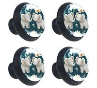 4 Pieces Drawer Knobs Cartoon Baby Elephants with Flowers and Leaves on Teal Background 35mm Black Base Dresser Knobs Closet Door Cabinet Hardware Handles Pulls for Kitchen Bedroom Cupboard
