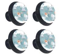4 Pieces Drawer Knobs Cute Cartoon Baby Elephants with Flowers on Teal Background 35mm Black Base Dresser Knobs Closet Door Cabinet Hardware Handles Pulls for Kitchen Bedroom Cupboard