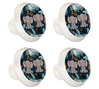 4 Pieces Drawer Knobs Cute Cartoon Baby Elephants with Leaves on Teal Background 35mm White Base Dresser Knobs Closet Door Cabinet Hardware Handles Pulls for Kitchen Bedroom Cupboard