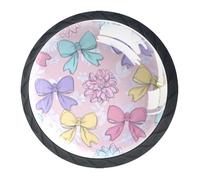 4 Pieces Drawer Knobs Cute Girly Bow and Floral Pastel Background 35mm Black Base Dresser Knobs Closet Door Cabinet Hardware Handles Pulls for Kitchen Bedroom Cupboard